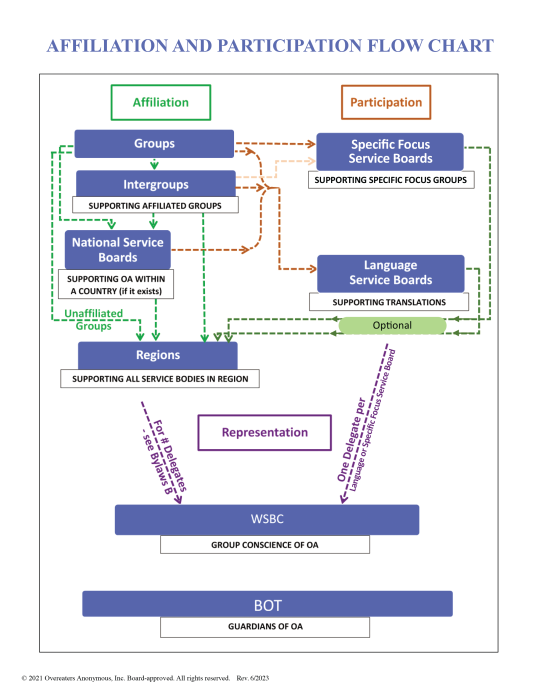 A flow chart mapping affiliation and participation between groups and service bodies in OA.